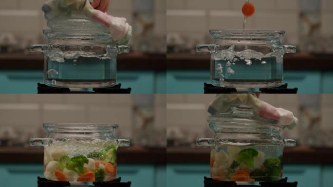 用开水将蔬菜加入透明的锅中。西兰花、胡萝卜和花椰菜慢动作烹饪。