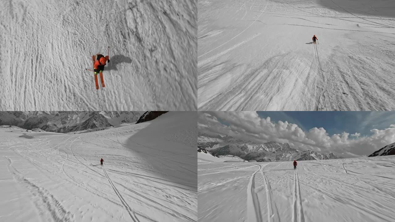 FPV运动无人机射击男滑雪自由骑行直跳高雪山坡