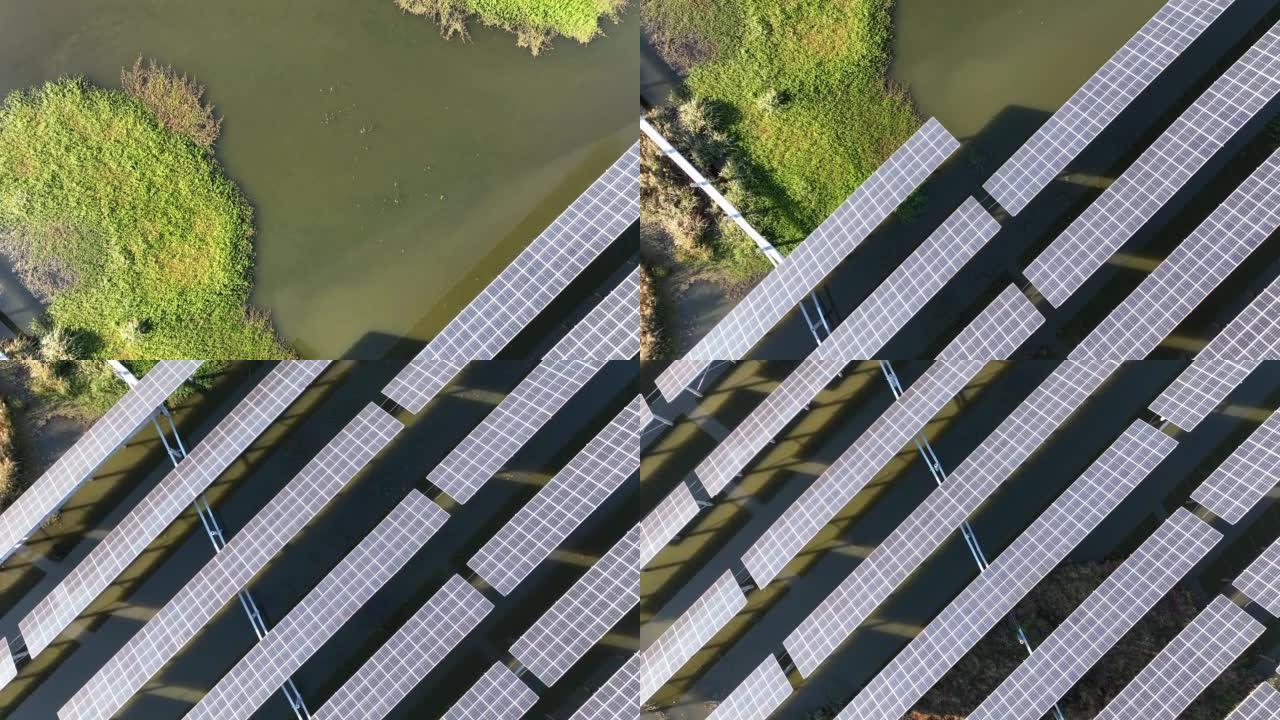 4K-实时: 鱼场太阳能发电站的无人机视图