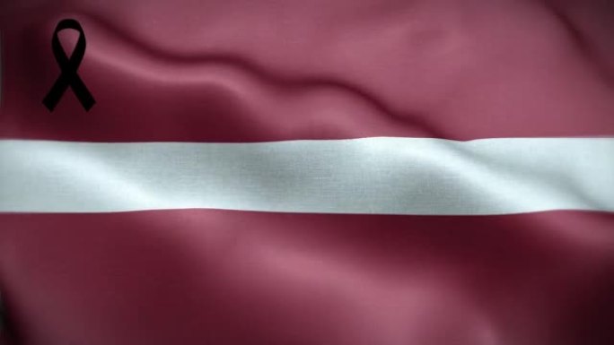 4K带黑丝带的拉脱维亚国旗。拉脱维亚哀悼和提高认识日。有质感的织物图案高细节的循环。