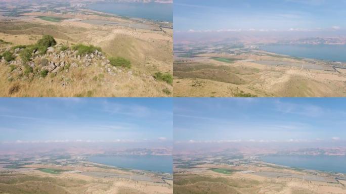 以色列加利利海湖泊和山坡的鸟瞰图。