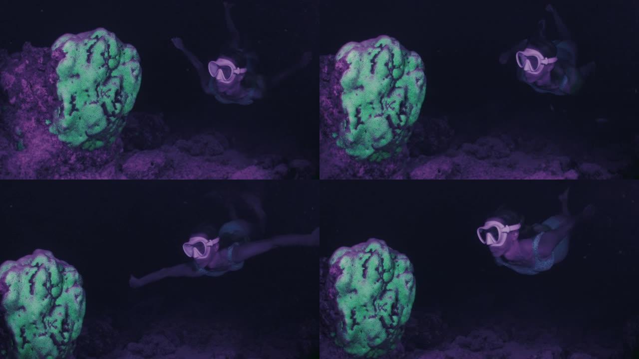 夜间浮潜。女人看着珊瑚礁在紫外线下闪耀着酸绿色。