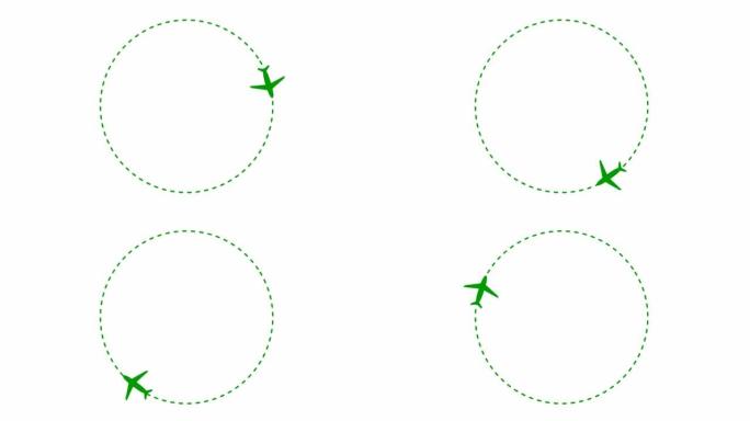 动画绿色框架。飞机沿着一圈轨迹飞行。飞机旅行的概念。环游世界。循环视频。线性符号。孤立在白色背景上的