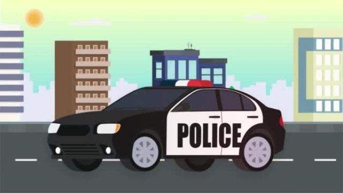 城市里的警车。一名交警巡逻在路上的动画