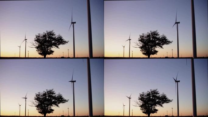 日落时风力发电场的树。概念: 风能、清洁能源、绿色能源。