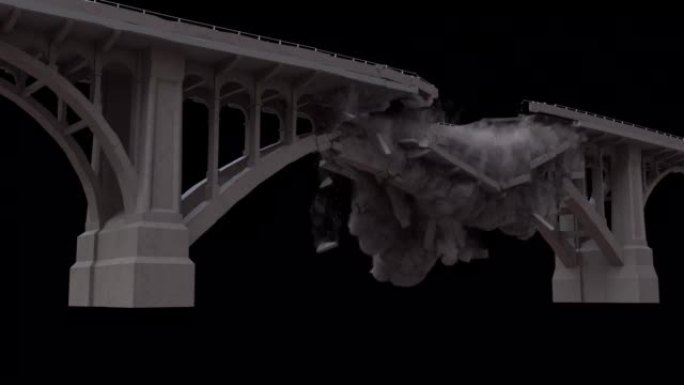 塌桥低角度，有大量灰尘和烟雾。建筑物的废墟。一座被毁建筑的废墟。在4k阿尔法通道中的VFX动画。