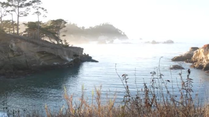 悬崖的岩石峭壁，海洋海滩，波波斯角，加利福尼亚海岸。日落时的波浪。