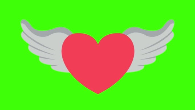 绿色屏幕上弹出天使翅膀的心的婚礼图标