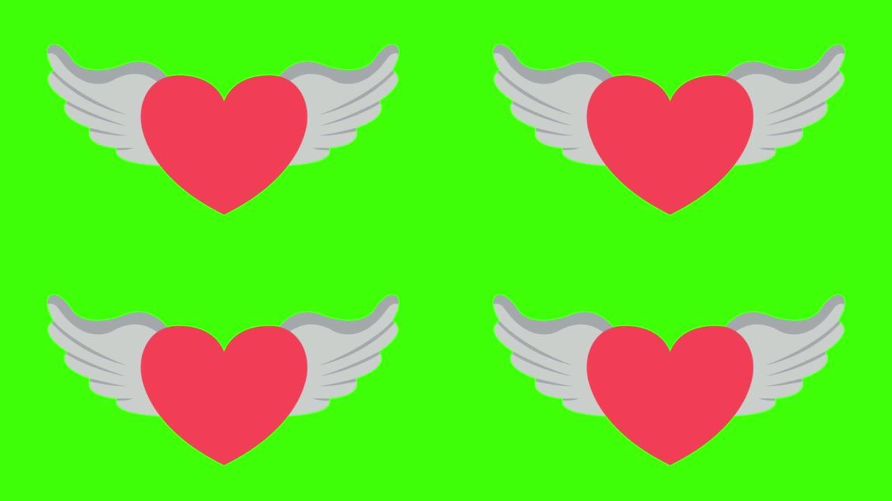 绿色屏幕上弹出天使翅膀的心的婚礼图标