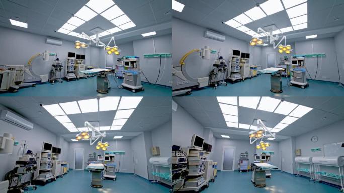 干净的无菌手术室充满了现代手术的各种先进设备。在空荡荡的手术室里平移镜头。