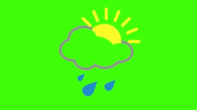 在4K绿色屏幕上隔离的零星阵雨，云和太阳图标的简单动画