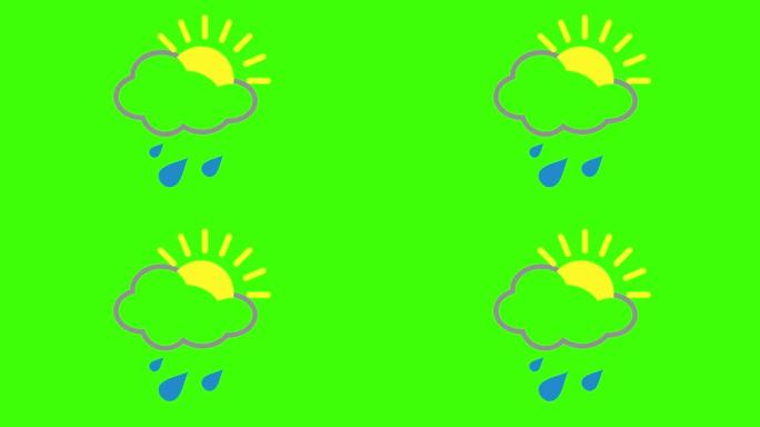 在4K绿色屏幕上隔离的零星阵雨，云和太阳图标的简单动画