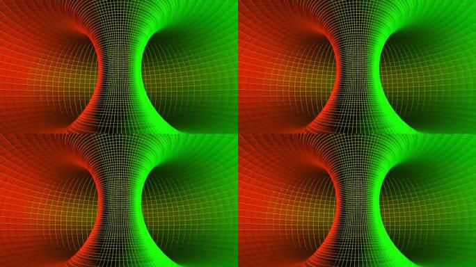 黑洞的几何模型。设计。网络空间漏斗的三维模型。圆环内部有彩色网格。循环宇宙数字模型中的旋转漏斗