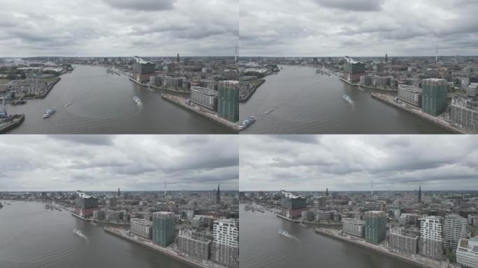 汉堡城市港口的无人机镜头
