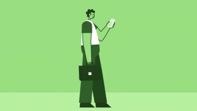 绿色风格的男人与公文包平字符步行周期与智能手机信息。带有Alpha通道的孤立循环动画