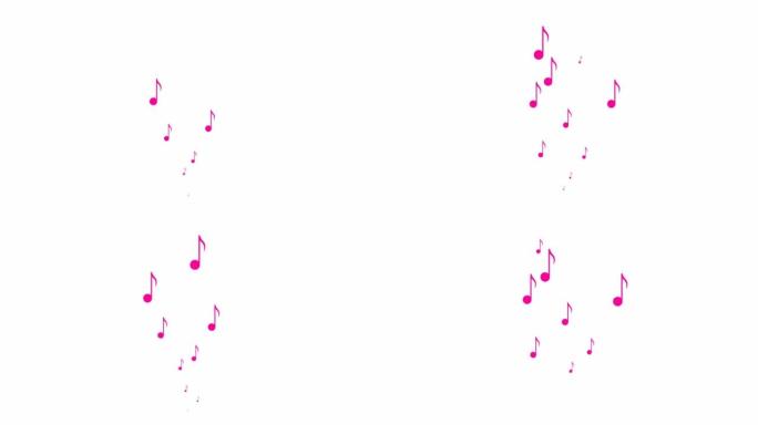 动画粉色音符从下到上飞来飞去。一波飞扬的音符。音乐、歌曲、旋律的概念。矢量插图孤立在白色背景上。