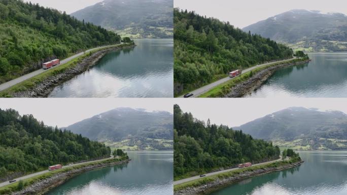 挪威绿松石湖附近道路上卡车的鸟瞰图