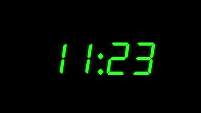 20秒数字闹钟倒计时定时器。黑色显示屏上的绿色数字。