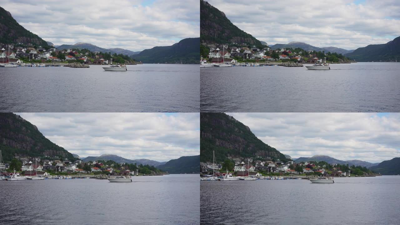 挪威港口的风景海上游轮旅游船海边小岛
