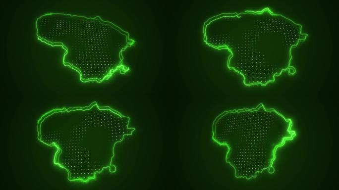 3D移动霓虹绿色立陶宛地图边界轮廓循环背景