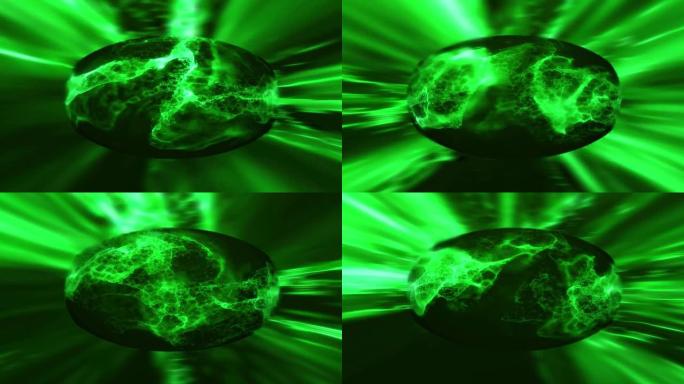 4k绿色Elipse抽象宝石。发光能量水晶火球。神奇的隐形传态等离子体。数字光时间门户。火灾爆炸反应