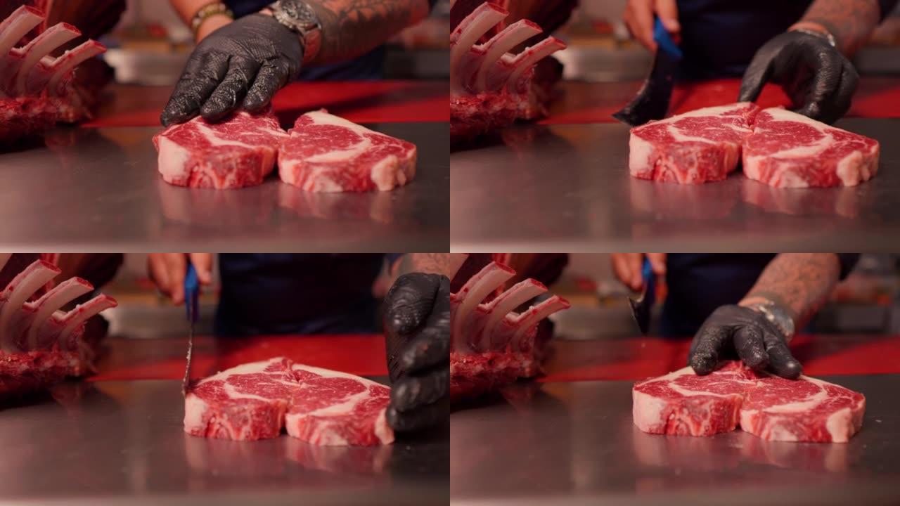 厨师手做成心形的生鲜牛肉肋眼。