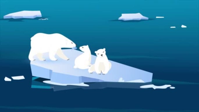 北极熊妈妈在北极海2D动画中用融化的碎冰喂养她的两个婴儿。气候变化。全球变暖概念。