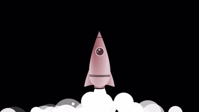 卡通风格的烟雾太空火箭发射。航天器起飞进入太空。推出创业、成功的概念。平面设计数字动画。包括阿尔法频