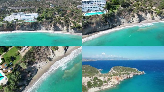 希腊克里特岛Agios Nicolaos的Mirabello湾 (皮洛斯海滩)，4K DJI无人机镜