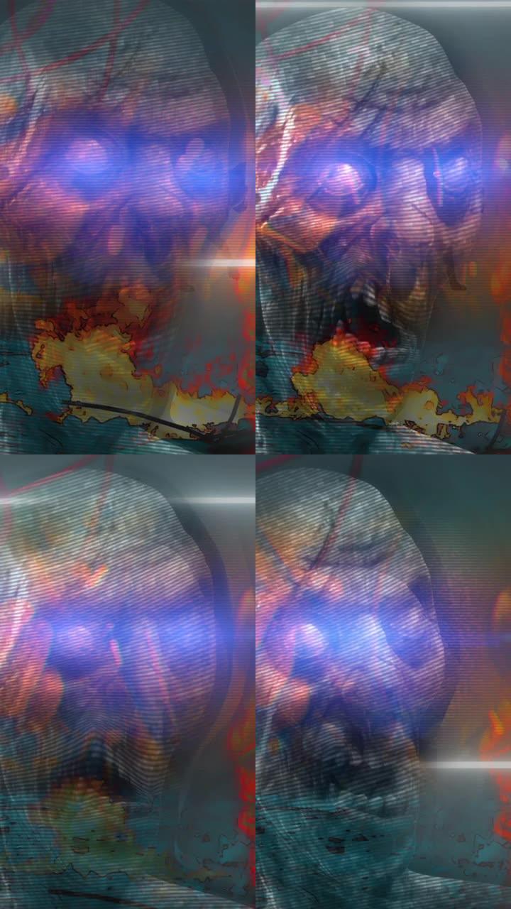 全息风格的垂直视频动画-带有效果的恐怖僵尸，两个CG的混合媒体