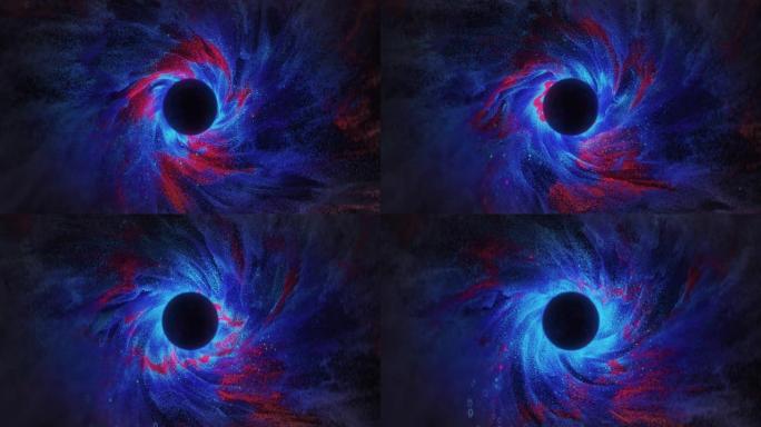 带有红蓝粒子移动到中间黑洞的抽象背景