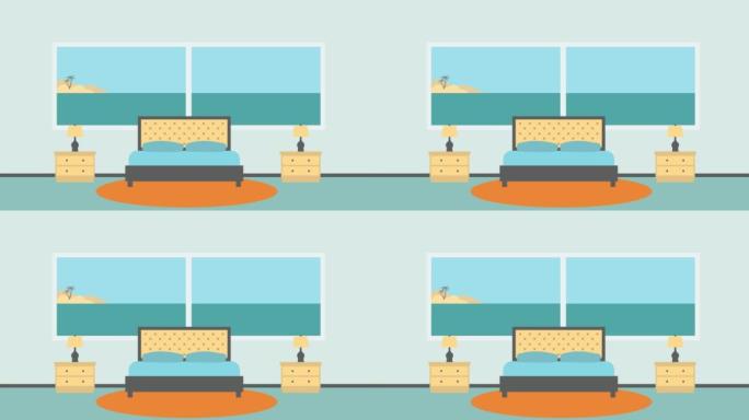 卧室内部的2D动画，可以欣赏到海水上小岛的迷人景色