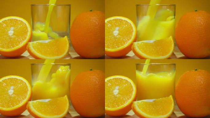 橙汁倒入玻璃杯中