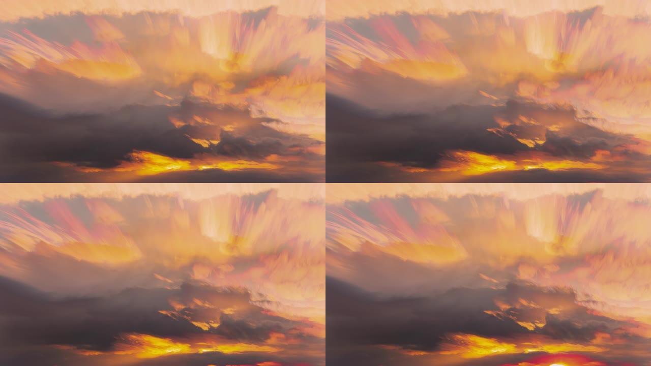 4k延时不寻常的云效果。云迹的惊人效果。天空背景。柔和的颜色。日出天空自然背景。幻想云。阳光透过云层