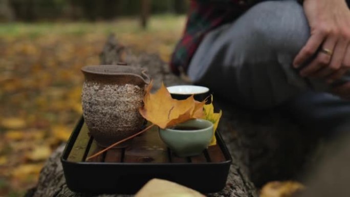 秋季公园中国茶道茶具。美丽的茶具静物
