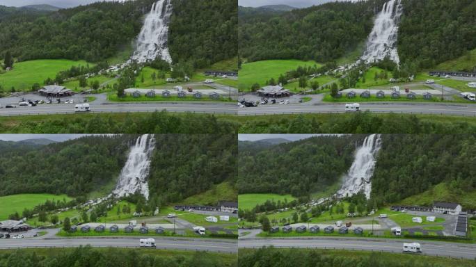 挪威瀑布附近道路的鸟瞰图