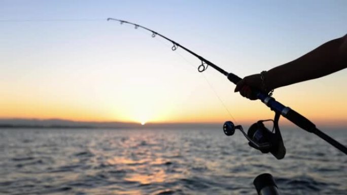 一只手拿着钓鱼竿，背景是水上日落