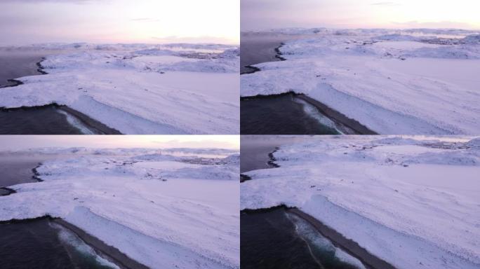 冬季Teriberka村巴伦支海沿岸的鸟瞰图