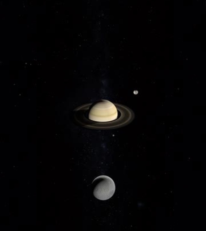 特提斯、米玛斯和土卫二围绕土星行星运行。垂直4K
