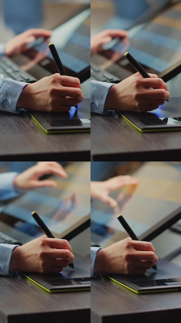 垂直视频: 用平板电脑和手写笔做润饰的女摄影师