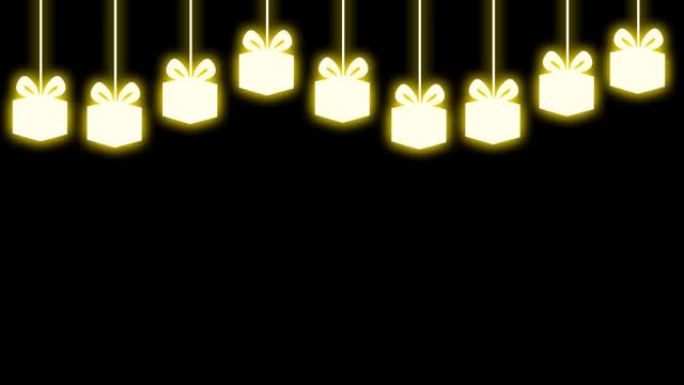 礼品图标在黑色背景上移动，明亮的金色光线。新年和圣诞节庆祝活动的概念。
