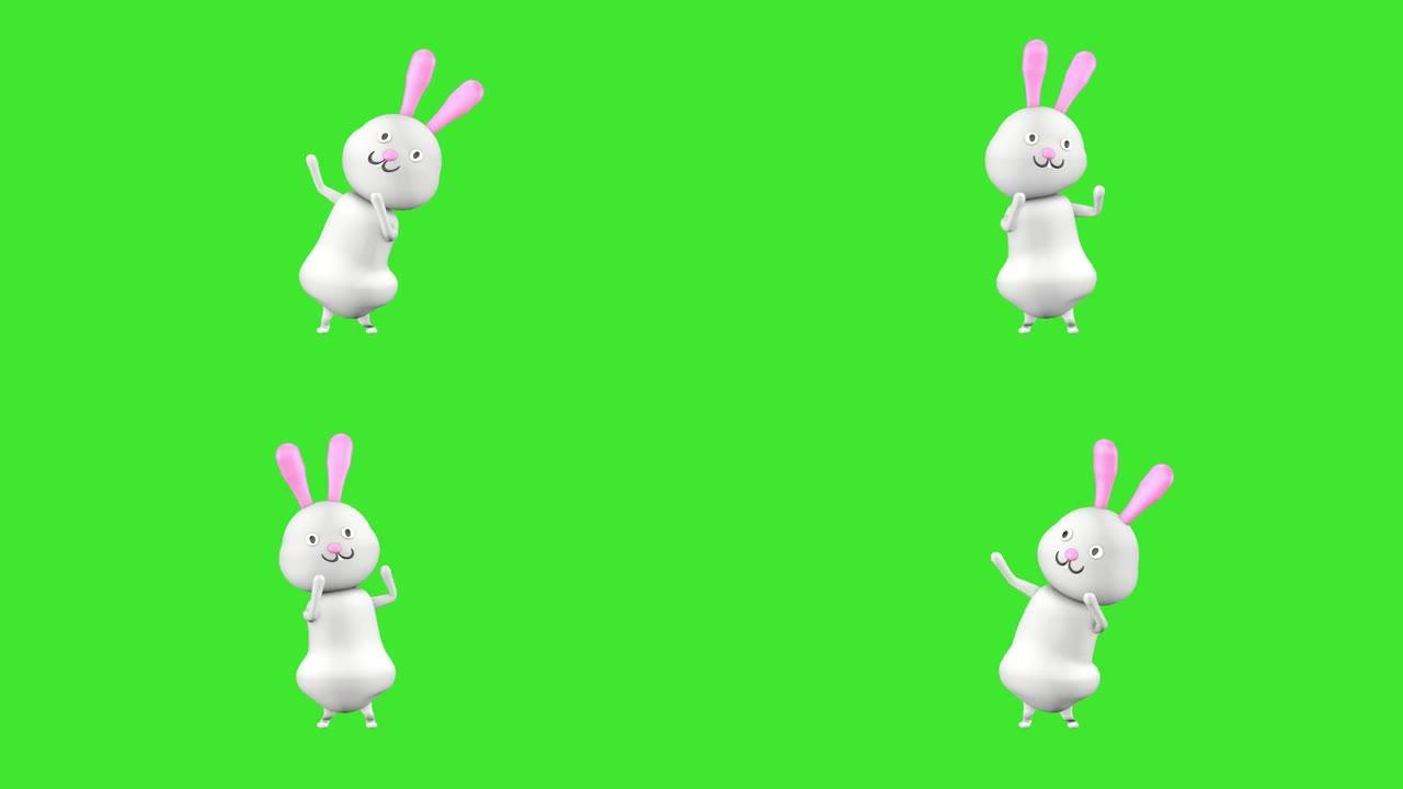 一只可爱的兔子的3D角色在绿屏背景上滑稽跳舞。3D动画。