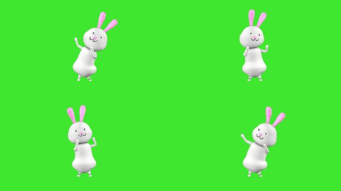 一只可爱的兔子的3D角色在绿屏背景上滑稽跳舞。3D动画。