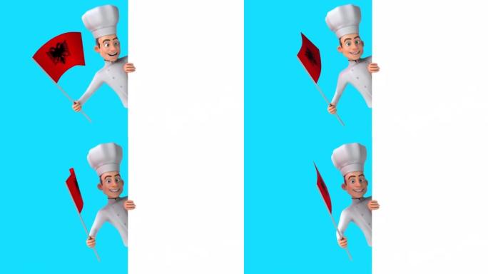 有趣的3D卡通厨师与来自阿尔巴尼亚的旗帜，包括阿尔法频道