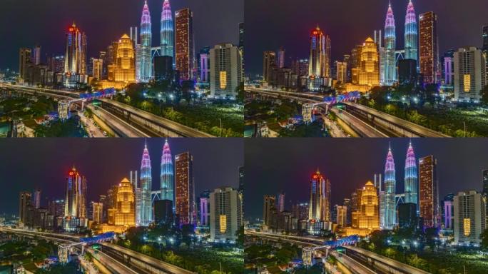 马来西亚国家石油公司KLCC双塔大楼的时间间隔镜头与马来西亚国家石油公司GP赛车主题的颜色