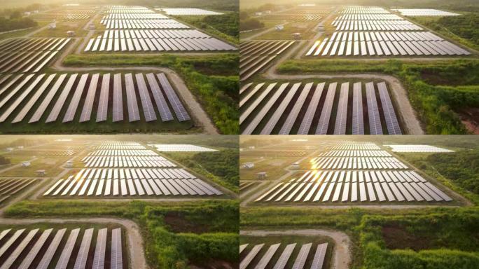 太阳能电池板农场拥有美丽的阳光，太阳能电池，绿色能源