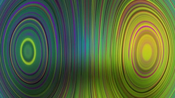 Vaporwave多色明亮的旋转圆圈装饰库存视频的抽象背景。绿色黄色橙色紫色线条条纹旋转背景的颜色阵