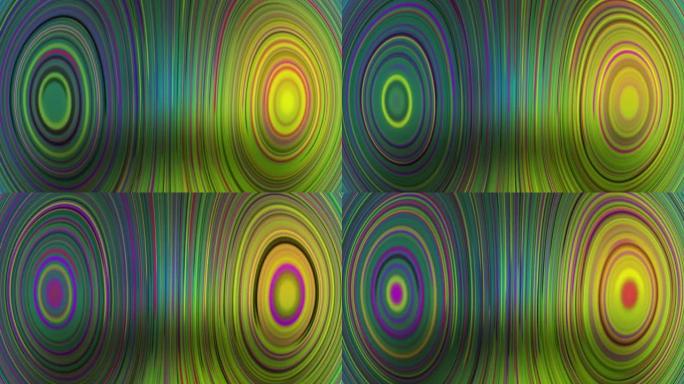 Vaporwave多色明亮的旋转圆圈装饰库存视频的抽象背景。绿色黄色橙色紫色线条条纹旋转背景的颜色阵
