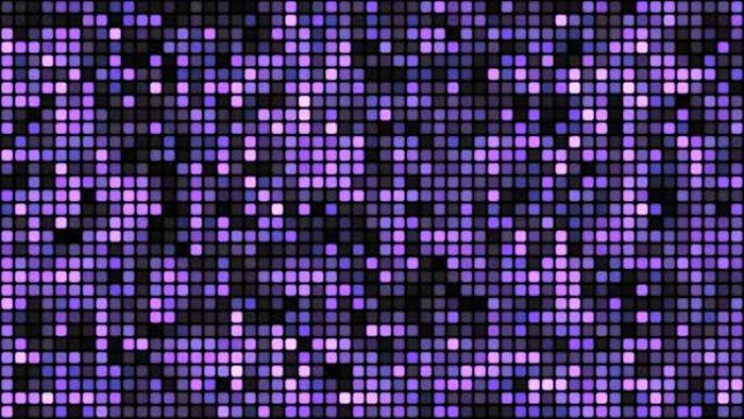 黑色背景循环上的紫罗兰色浮动网络方块。慢速混沌像素拼接无缝动画。