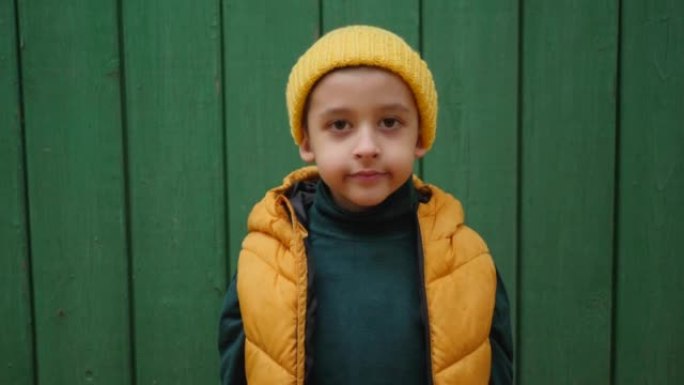 一个戴着针织帽子的黄色背心的男孩站在村庄绿色木栅栏的背景下。枫叶从天而降落在男孩身上。
